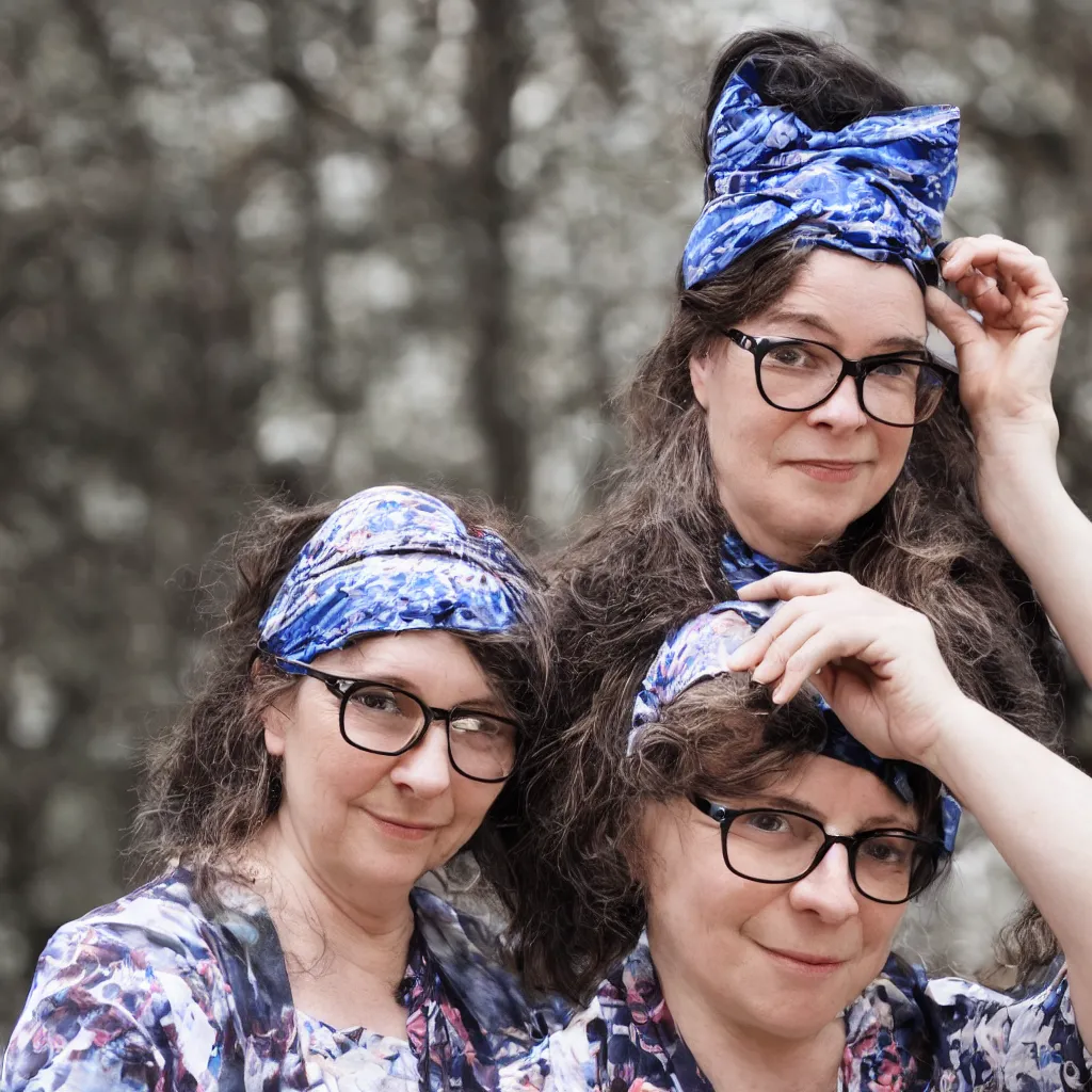 Prompt: woman with glasses wearing bandana on head, taking a photograph