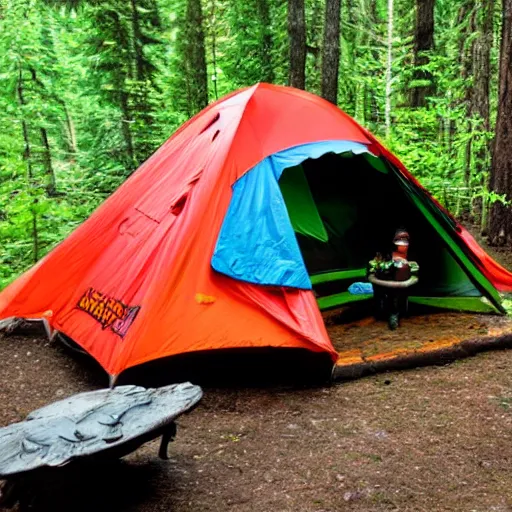 Image similar to teenage mutant ninja turtles camping, british columbia, nationak park, log fire, tent, style of 9 0 s super hero comics