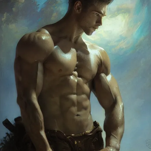 Prompt: handsome portrait of a young guy fitness posing, war hero, flexing abs, radiant light, caustics, reflective, by gaston bussiere, bayard wu, greg rutkowski, giger, maxim verehin