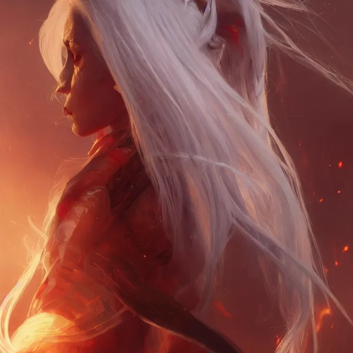 Image similar to a realistic detail portrait of a beautiful female angle has white hair in middle - earth, magic, dragon, oil painting by julian calle, wlop, greg rutkowski, finnian macmanus, syd mead trending on artstation, red and yellow scheme, 8 k, unreal engine, wide - angle lens
