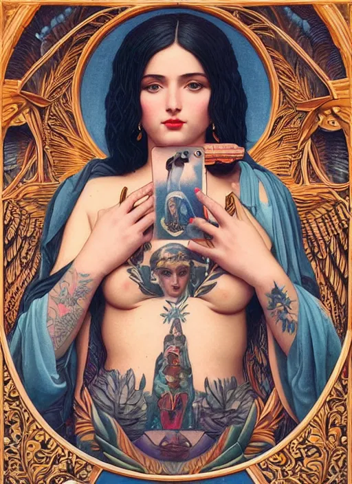 Image similar to beautiful enlightened instagram selfie influencer woman with tattoos, tattooed skin, oil painting, robe, symmetrical face, greek dark ritual myth, by john william godward and anna dittman, masterpiece