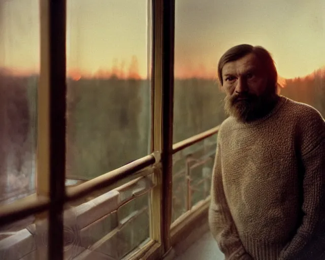 Image similar to award - winning lomographic tarkovsky film still of 4 0 years russian man with beard and sweater standing on small hrushevka 9 th floor balcony in taiga looking at sunset, kodak ektar, bokeh