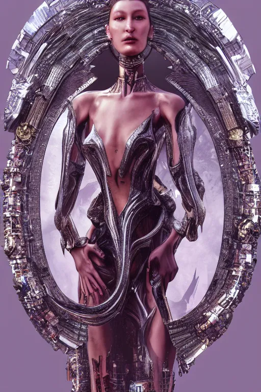 Image similar to a highly detailed medium shot 4 k render of an alien goddess bella hadid in iris van herpen dress schiaparelli armor in diamonds and lots of jewelry in style of alphonse mucha trending on artstation made in unreal engine 4
