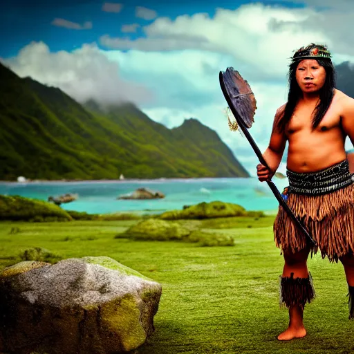 Image similar to a pacific islander warrior on a canoue, 4 k, hyper realistic, dslr, high resolution, landscape, beautiful