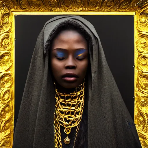 Prompt: a portrait of a young black woman wearing a long dark cloak, hood and shadows covering face, holding golden chains, oil painting, matte painting, black background, Volumetric Golden dappled dynamic lighting, Highly Detailed, Cinematic Lighting, Unreal Engine, 8k, HD, by Beksinski