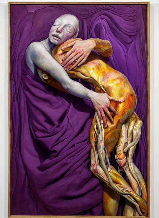Prompt: a surreal biomorphic painting of two humanoid figures entwined in an embrace by jenny saville and charlie immer, draped in purple and gold cloth, highly detailed, emotionally evoking, rendered in octane