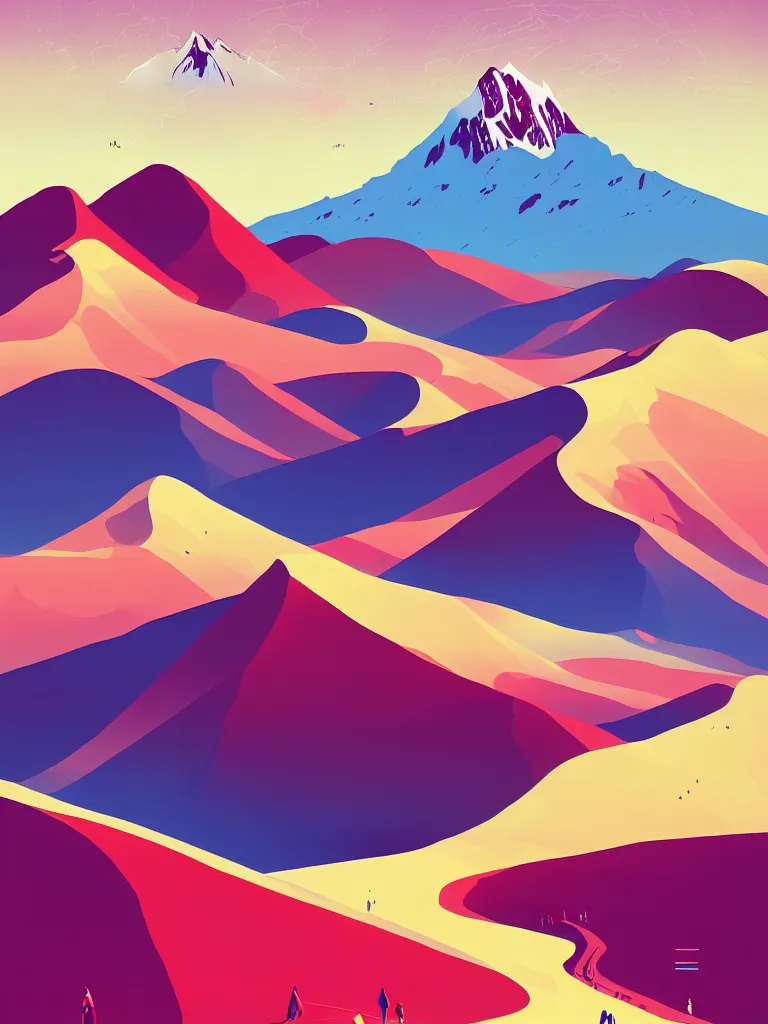 Image similar to a travel poster illustration depicting vinicunca mountain in peru, vintage style, white architecture, digital painting, vector art, trending on artstration, by anton fadeev, by alena aenami