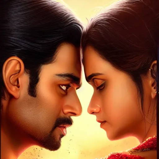 Image similar to perfectly centered bollywood movie promotional poster of anatomically correct hero and heroine side profile faces symmetrical ; real life portrait, ultra realistic, high coherence, intricate, hdr, highly detailed, photorealistic, octane render, 8 k, unreal engine ; romantic theme, two lovers sharing one heart ; art by artgerm, greg rutkowski, charlie bowater
