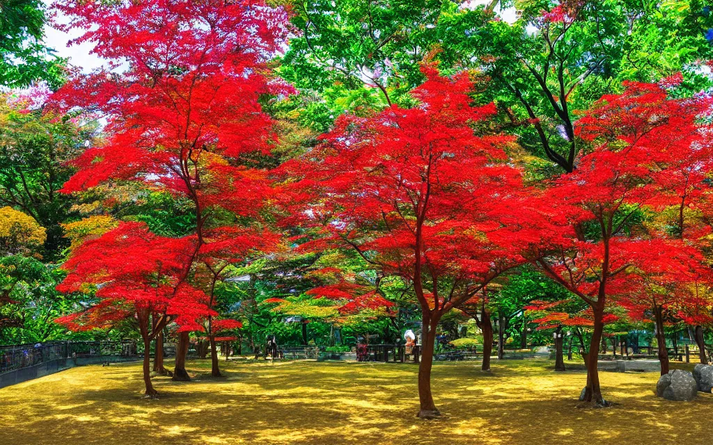 Prompt: beautiful red maple park in fukuoka. fibonacci cubes and prisms. retro art by jean giraud and van gogh.