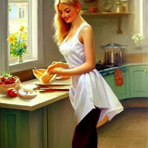 Prompt: young blonde wife making breakfast for her husband, painting by Vladimir Volegov,