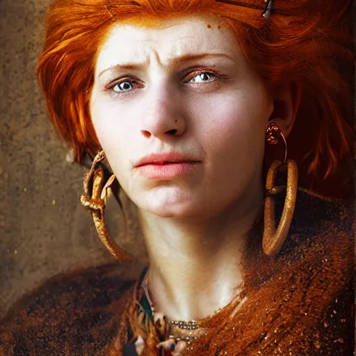 Image similar to Extremely detailed photo realistic matte portrait painting of winking 15th Century Barbary Coast pirate Woman with Ginger hair and Golden hooped earrings photography by Steve McCurry