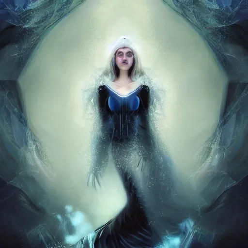 Image similar to masterpiece portrait of an aesthetic realistic mage woman, casting ice spell, 3 0 years old woman, black hair, wearing thin silver diadem with blue gems inlays, oil painting by joachim bergauer and magali villeneuve and wlop, atmospheric effects, chaotic fractal fog and sparks dynamics in the background, intricate, artstation, instagram, fantasy
