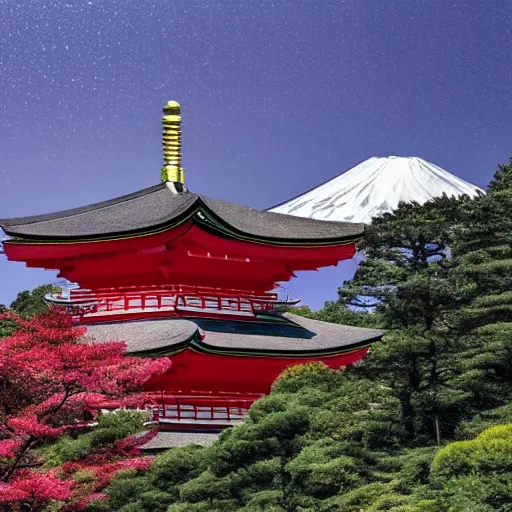 Image similar to a photograph of mount fuji with a holographic red tori gate on top