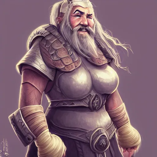 Prompt: elderly female dwarven heavyset fighter with grey braided hairstyle and braided beard and wrinkled skin wearing platemail armor by rossdraws