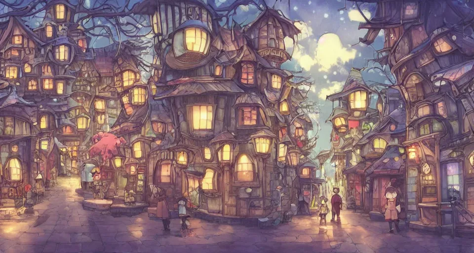 Prompt: Anime visual of a cozy steampunk village in an alien forest; cheerful and peaceful mood; illustrated by Hayao Miyazaki; anime production by Studio Ghibli; winter
