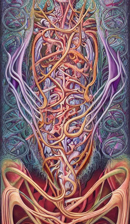 Image similar to a biomorphic painting of the hierophant tarot card! a anatomical medical illustration by nychos and alex grey, cgsociety, neo - figurative, pastel blues and pinks, detailed painting, rococo, oil on canvas, lovecraftian