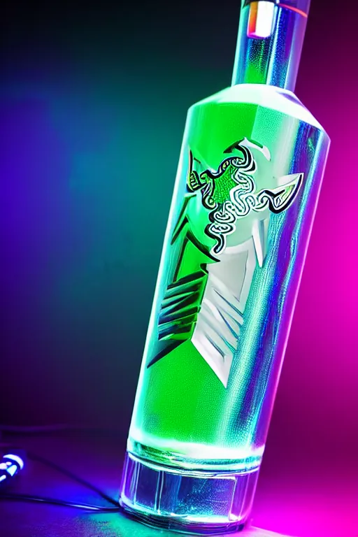 Image similar to vodka bottle, by razer, gaming vodka, promotional photo, rgb lights, cinematic