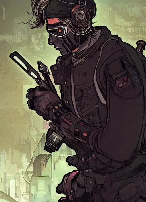 Prompt: cyberpunk chef. portrait by ashley wood and alphonse mucha and laurie greasley and josan gonzalez and james gurney. splinter cell, apex legends, rb 6 s, hl 2, d & d, cyberpunk 2 0 7 7. realistic face. character clothing. vivid color. dystopian setting.