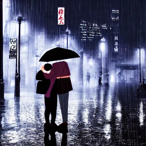 Image similar to hugging the love of your life in the rain in the streets of a modern chinese city at night, high quality digital art, dreamy fog