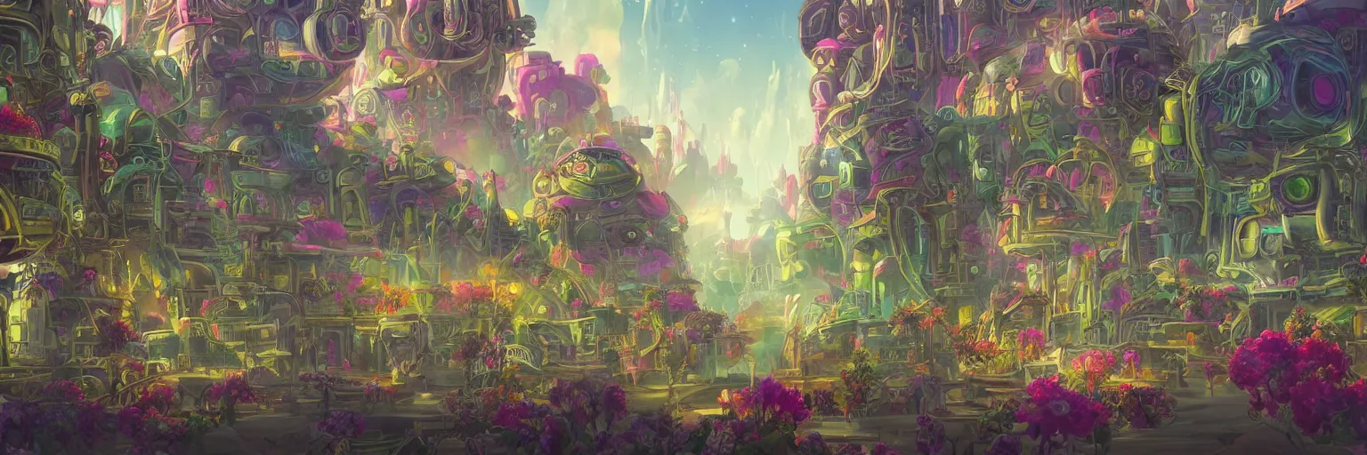 Image similar to beautiful low angle painting of an alien world with sleek architecture, steampunk, ground made of multicolour flowers, neon lights, a tiny girl watching on, in the style of don bluth, giorgio vasari, andrea pozzo, elegant, highly detailed, digital painting, artstation, cinematic lighting, glowing light and shadows, trending on artstation, octane render