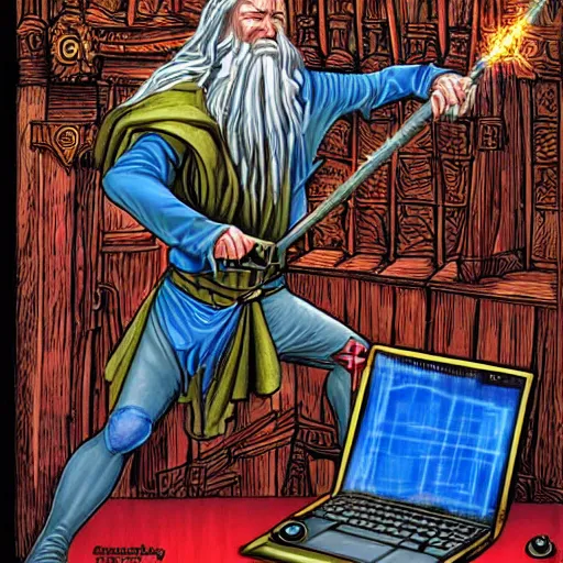 Image similar to a medieval wizard destroys his computer with magical energy, by david mattingly.