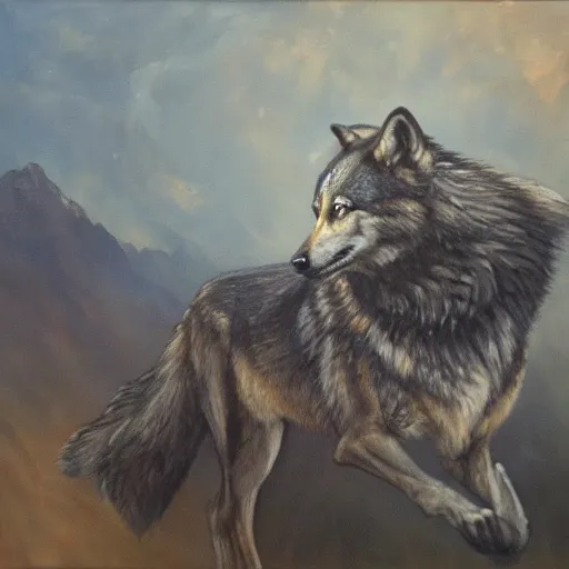 Image similar to the wolf and the raven, oil on canvas