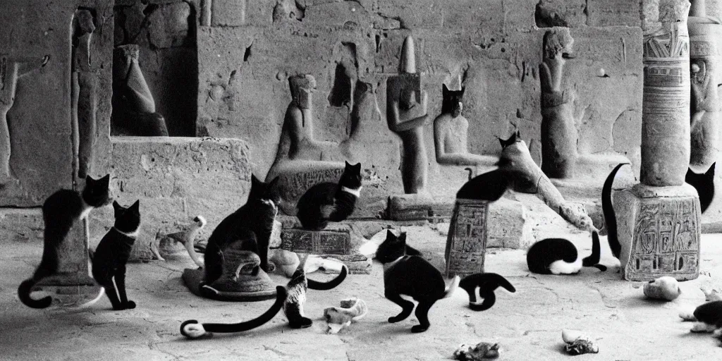 Image similar to a great old black and white photo from ancientt egypt, mischivious cats knock things off the table and annoy the pharoah who is sulking with head in hands, other cats knock vases over, funny and silly, weird and odd, historic look, film grain