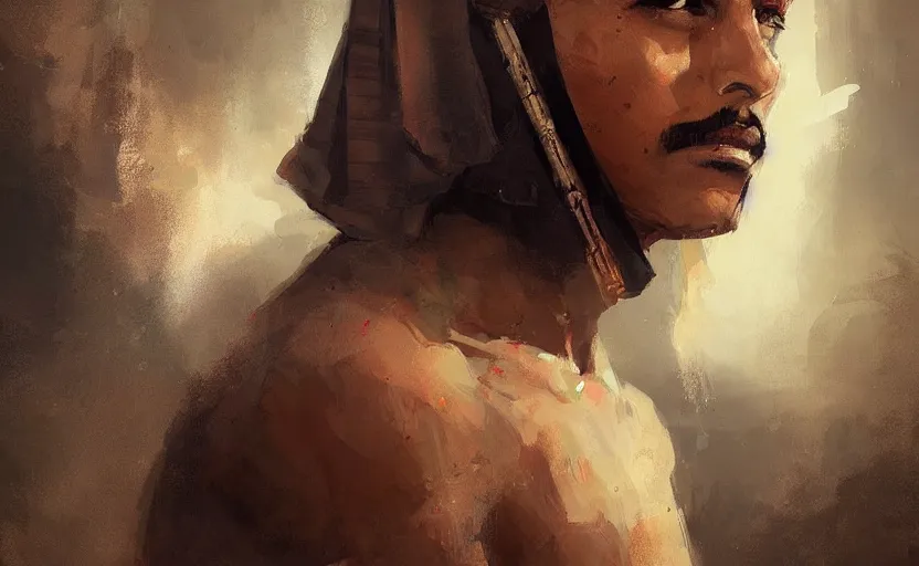 Prompt: A painting of a beautiful Egyptian man trending on artstation in the style of Greg Rutkowski