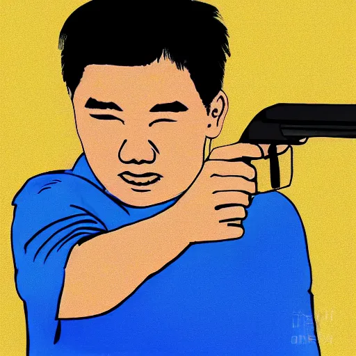 Image similar to A very arrogant Asian man let a man point a shotgun at himself.digital art.