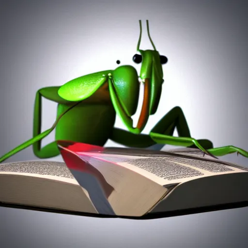 Prompt: 3 d render of praying mantis reading a book, octane render, pixar style