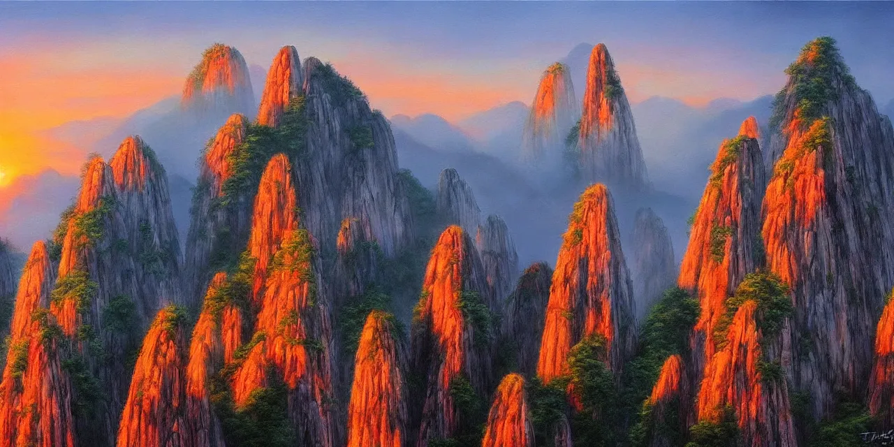 Prompt: sunset over misty huangshan's temples, artwork by archibald thorburn