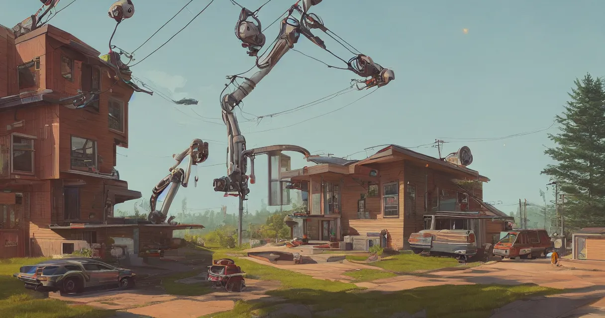 Image similar to A suburban home with a car parked out front. A colossal robot looms on the horizon beautiful beautiful beautiful painting, simon stalenhag, tales from the loop, trending on artstation