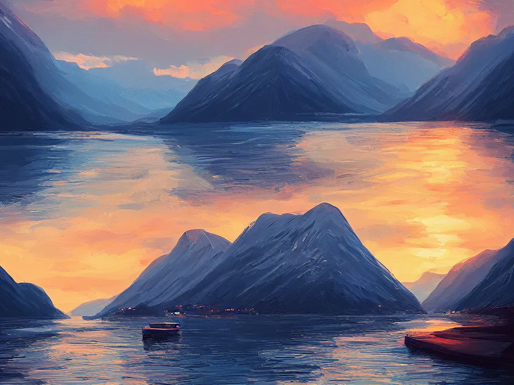 Image similar to the fjords of norway at dusk by alena aenami, petros afshar speedart