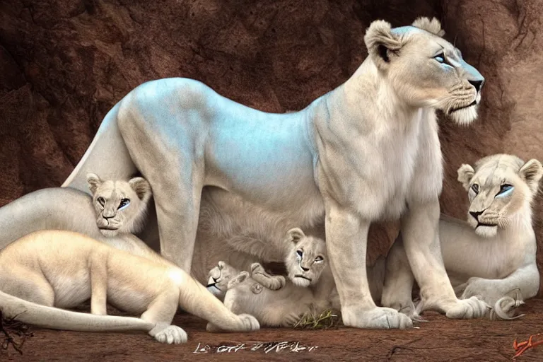 Prompt: beautiful aesthetic digital illustration of a pale blue lioness with a litter of baby cubs by Lisa Parker and Anne Stokes, deviantArt, artstation, trending on artstation