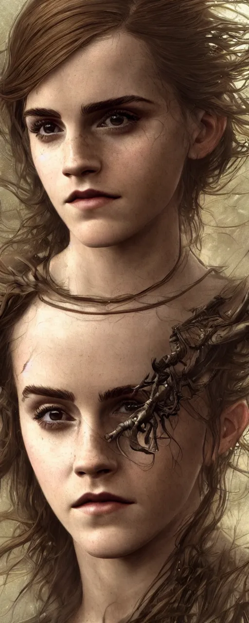 Image similar to photo photorealistic portrait closeup photograph of Emma Watson as Joan of Arc, long, hair, intricate, elegant, highly detailed, digital painting, artstation, concept art, sharp focus, illustration, art by and greg rutkowski and aleksi briclot and bouguereau detailed photograph intricate insanely detailed octane render, 8k artistic photography, photorealistic, Edward Steichen, Peter Lindbergh, Albert Watson