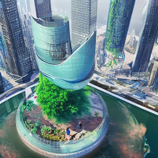 Prompt: aerial view of a giant fish tank shaped like a tower in the middle of Shanghai city, 8k octane render, photorealistic