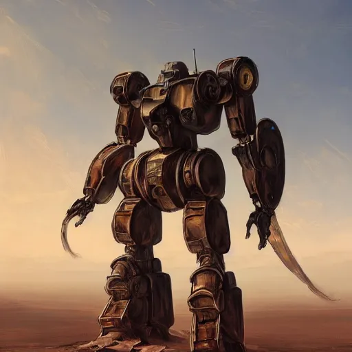 Prompt: cinematic shot of a battle scared mecha robot with medieval armor is in the dessert moving slowly with his sword on the ground sunset digital painting, artstation, concept art, soft light, hdri, smooth, sharp focus, illustration, fantasy, intricate, elegant, highly detailed, D&D, matte painting, in the style of Greg Rutkowski and Alphonse Mucha and artemisia, 8k, highly detailed, jurgens, rutkowski, bouguereau, pastoral, rustic, georgic