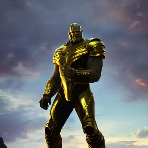 Image similar to bob odenkrik wearing thanos armour, cinematic lighting, hd 4k photo