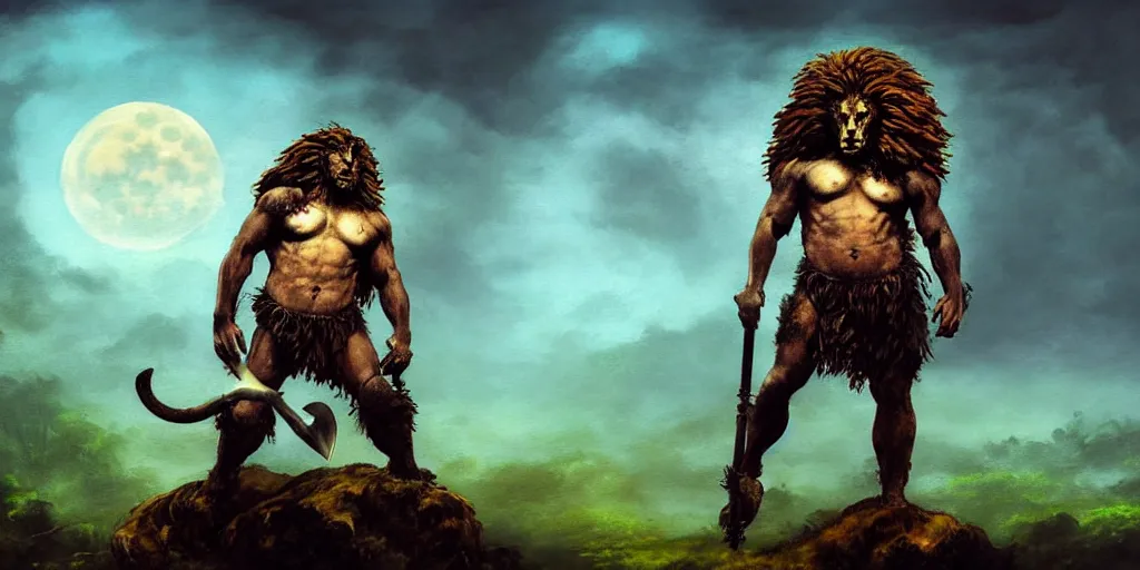 Prompt: lion as barbarian hunter human legs and body and chest armor, full body backlight ,top light ,full body portrait ,highly textured oil painting ,jungle ,cyan graveyard with backlight from the moon ,foggy background ,with dramatic sky ,clouds and giant oversized moon and storm textured oil painting by frazetta