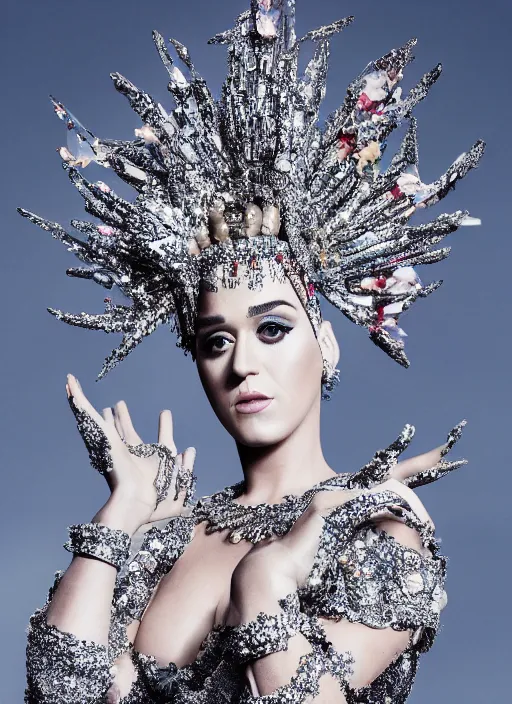 Image similar to katy perry styled by nick knight posing, full body shot, intricate headpiece, vogue magazine, canon, highly realistic. high resolution. highly detailed. dramatic. 8 k. 4 k.