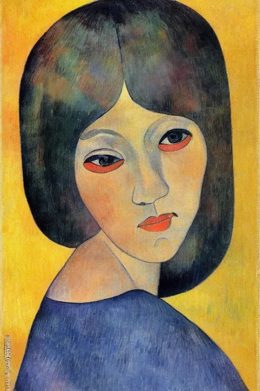 Image similar to blond hair woman with grey eyes and bob haircut drawn by paul gauguin