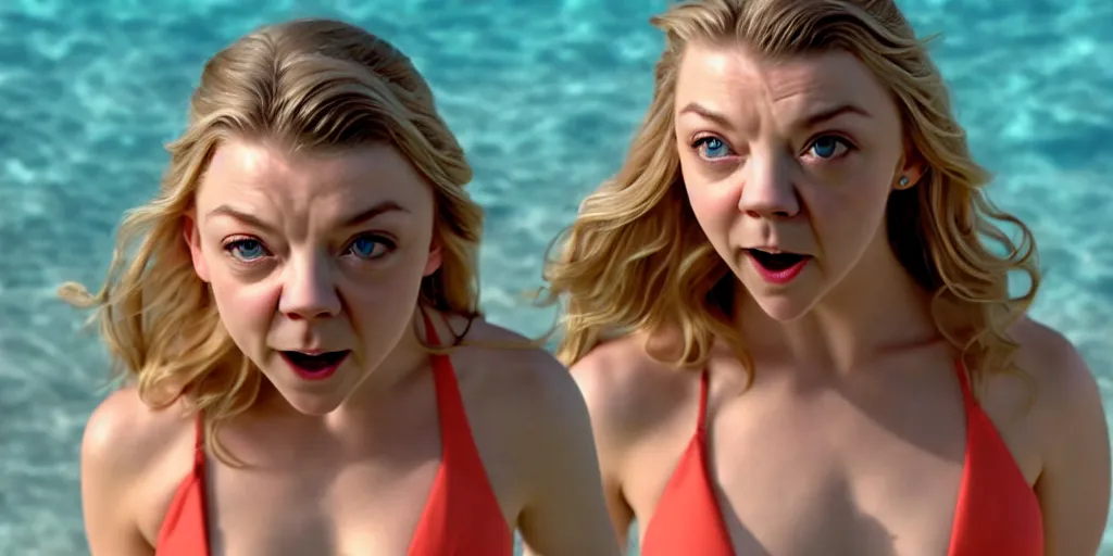 Prompt: portrait of surprised natalie dormer, overhead angle, wide opened eyes, wide opened mouth, wearing coral bikini, full hd, uhd, 4 k, 8 k, 1 6 k, 1 petapixel image, nasa quality.