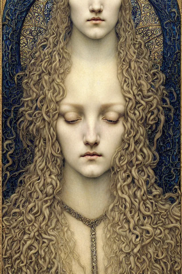 Image similar to detailed realistic beautiful young medieval queen face portrait by jean delville, gustave dore and marco mazzoni, art nouveau, symbolist, visionary, gothic, pre - raphaelite. horizontal symmetry