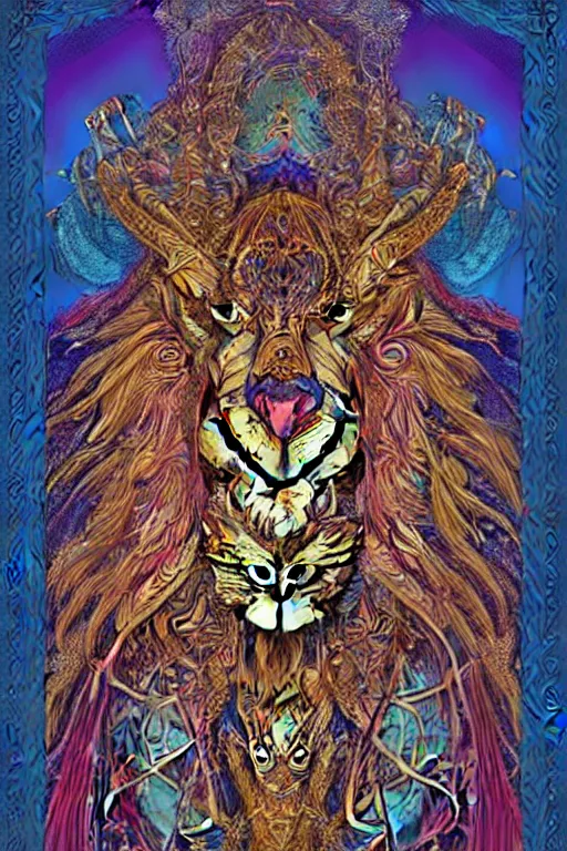 Image similar to beautiful and colorful fractal tarot card featuring an ornate, realistic, and regal viking lion by Dan Mumford, by Jim Fitzpatrick, by joe wilson, featured on deviant art, trending on artstation