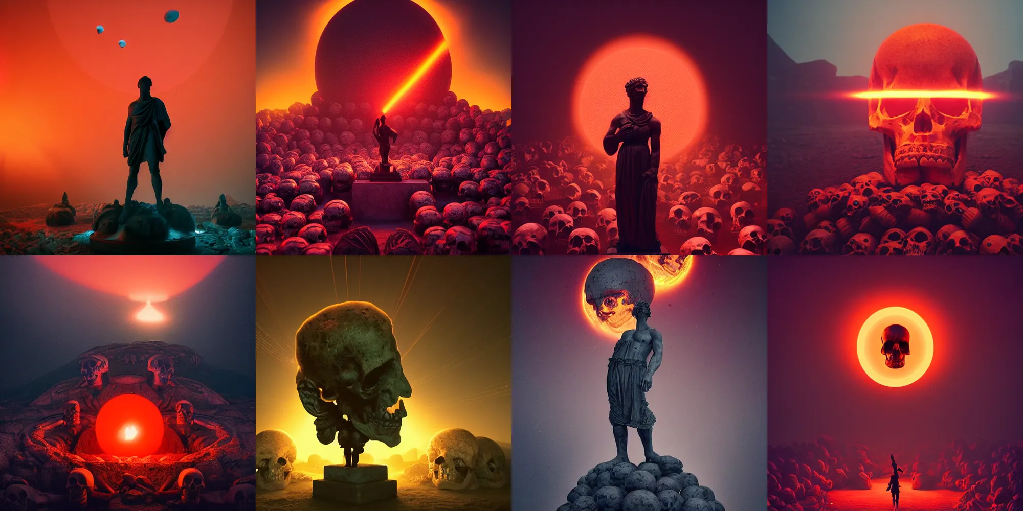 Image similar to beautiful dark landscape, old roman statue in front of a glowing red orb in front of a pile of skulls, in the style of beeple and Mike Winkelmann, intricate, epic lighting, cinematic composition, hyper realistic, 8k resolution,