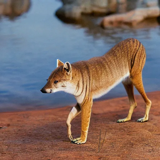 Image similar to close up photo of a rare thylacine, drinking water from a lake in tasmania, bokeh, 1 0 0 mm lens, 4 k. 8 k hd. award winning nature photography. cover of national geographic