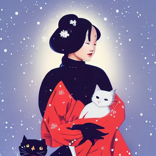 Image similar to full body icon stylized minimalist an asian girl with geisha makeup holding a cute black cat surrounded by snowflakes, loftis, cory behance hd by jesper ejsing, by zdzisław beksinski and norman rockwell and greg rutkowskiweta studio, and lucasfilm - c 1 0