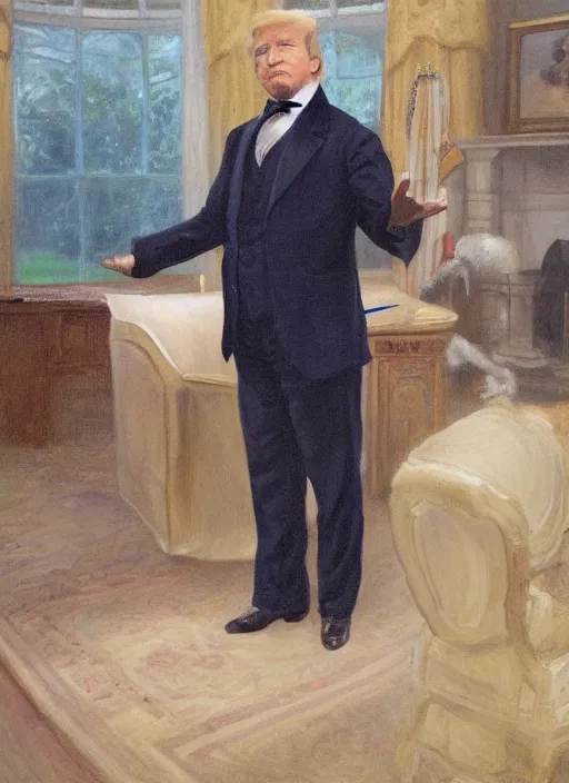 Image similar to portrait of the united states president, 1 8 6 7, donald trump. standing in the oval office. oil on canvas by william sidney mount, trending on artstation