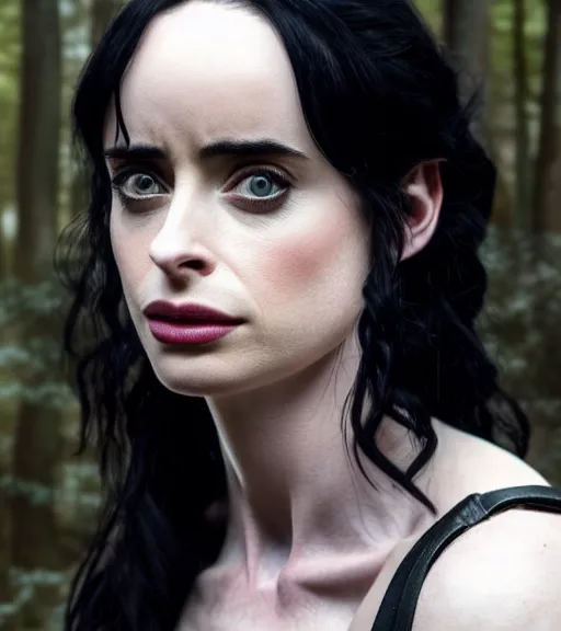 Image similar to 5 5 mm close up portrait photo of krysten ritter as yennefer of vengerberg in black leather armor and black hair, in a forest. magical atmosphere. art by greg rutkowski. lifelike. very detailed 8 k. intricate. soft light. nikon d 8 5 0.