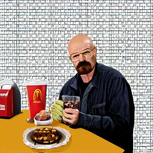 Image similar to walter white eating at mcdonald's, mcdonald's interior background, photo